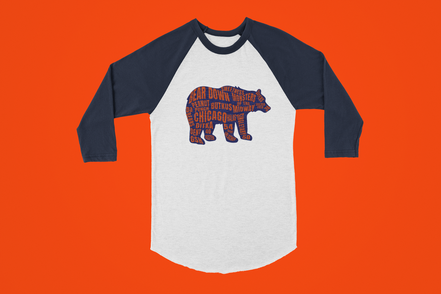 Chicago Bear Typography Raglan Shirt – Navy & White | Unique Sports Fan Apparel