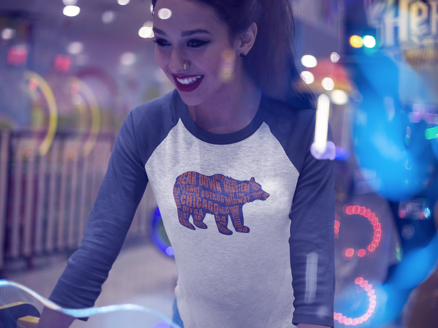 Chicago Bear Typography Raglan Shirt – Navy & White | Unique Sports Fan Apparel
