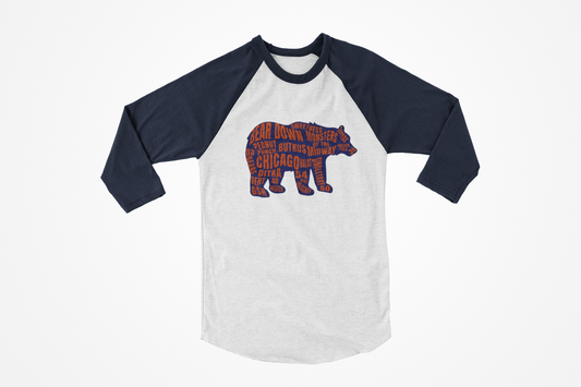 Chicago Bear Typography Raglan Shirt – Navy & White | Unique Sports Fan Apparel