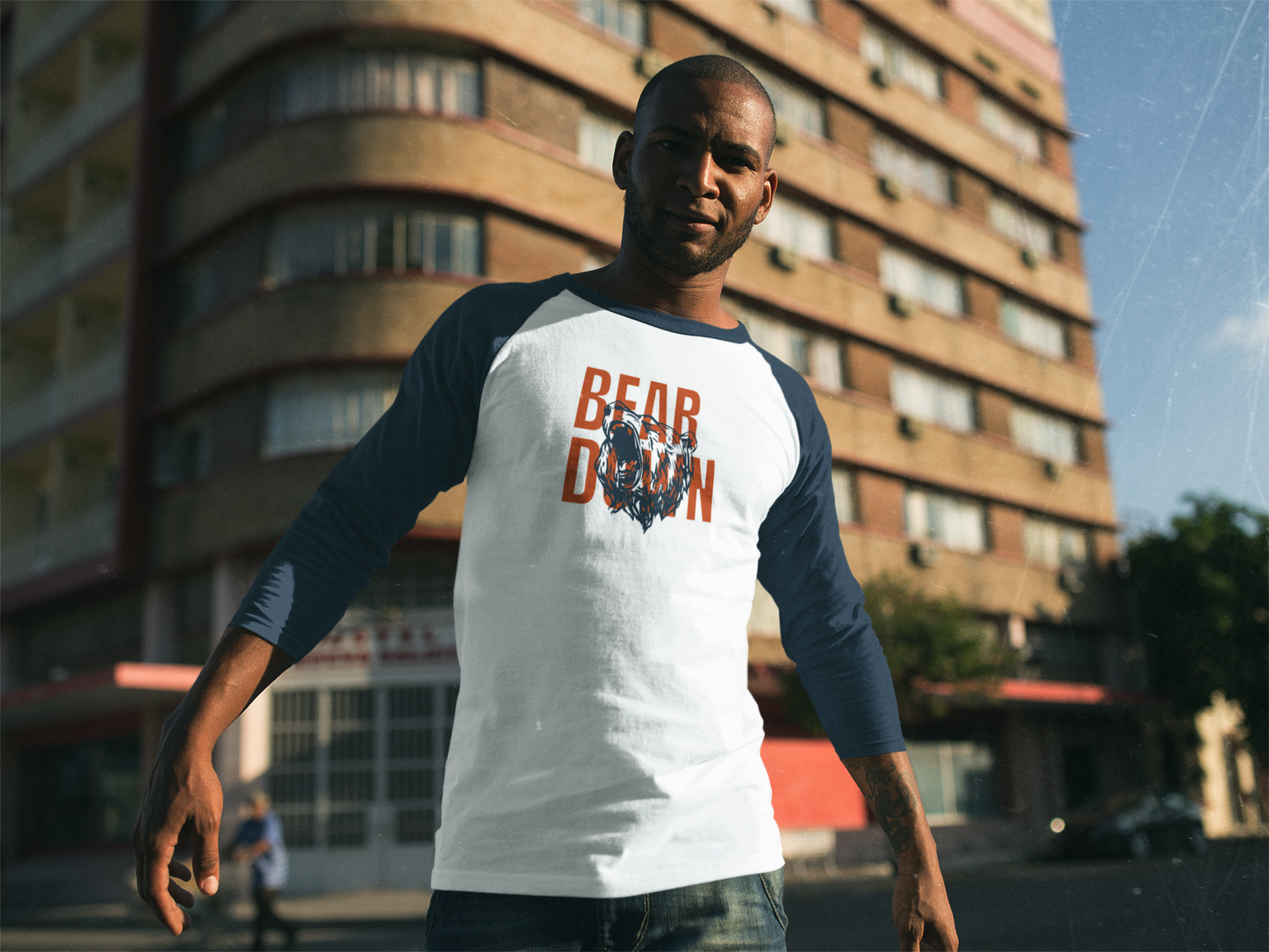 Bear Down Custom Raglan Shirt – Navy & White | Chicago Football Fan Apparel